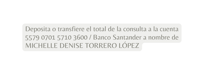 Deposita o transfiere el total de la consulta a la cuenta 5579 0701 5710 3600 Banco Santander a nombre de MICHELLE DENISE TORRERO LÓPEZ